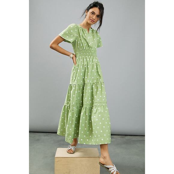 Anthropologie Dresses & Skirts - Anthropologie Womens The Somerset Maxi Dress Polka Dots Tiered Green M NEW